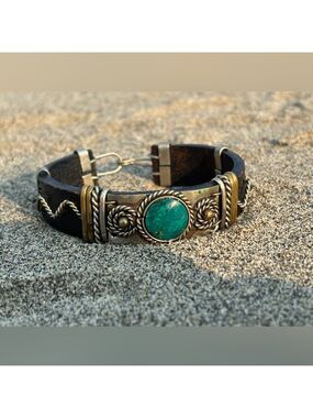 Brutalist Turquoise Leather Cuff Bracelet • Brutalist Artisan Statement • Silver